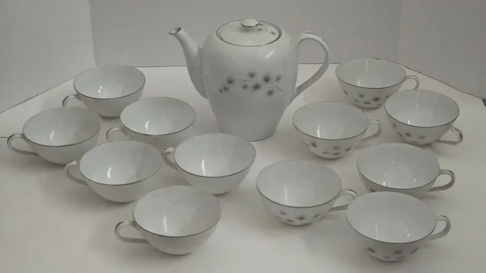 CREATIVE FINE CHINA Japan Platinum Starburst #1014 Tea Coffee Pot & 12 Cups Set